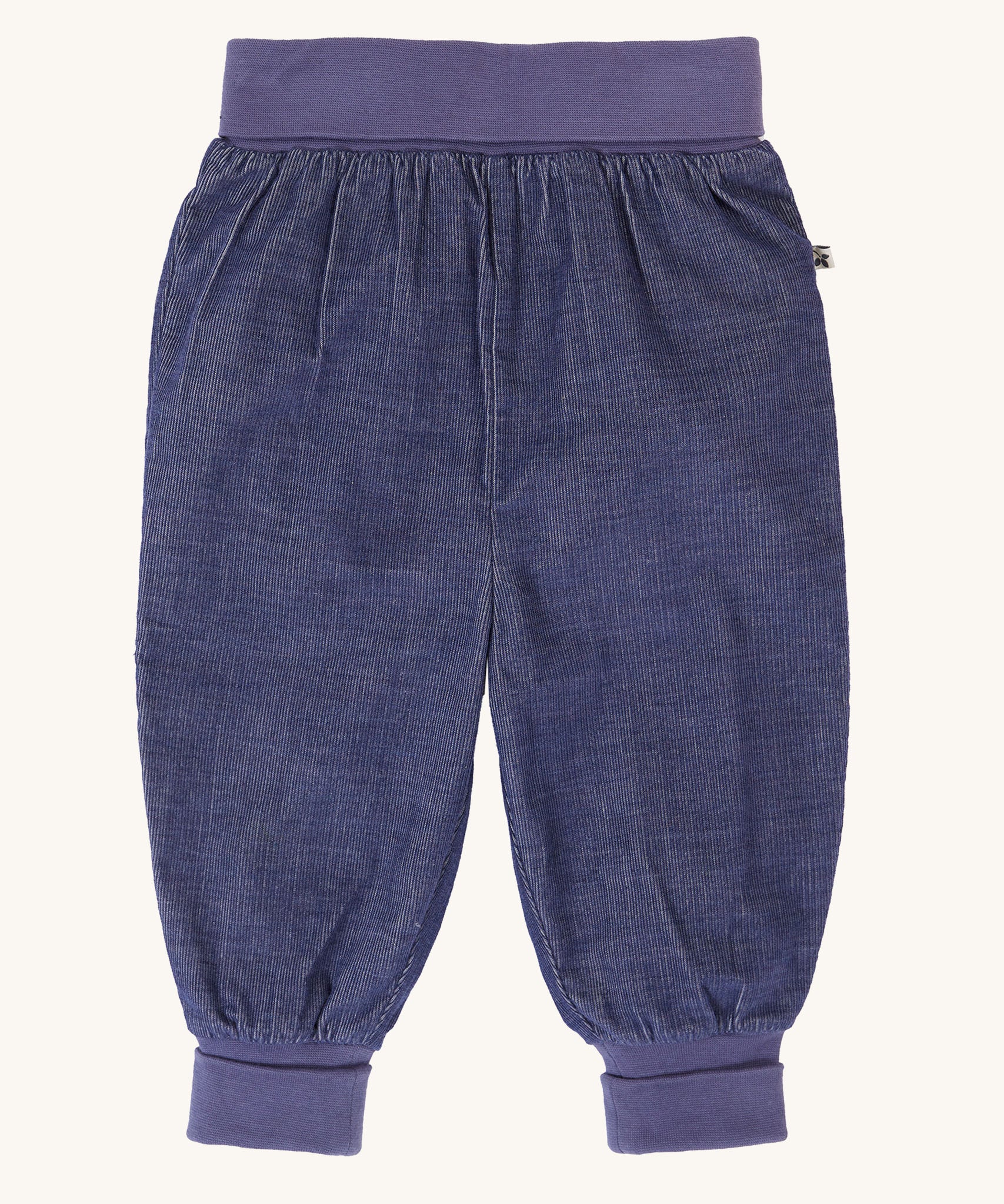 Frugi ink blue carrot organic cotton cord pull up kids trousers.