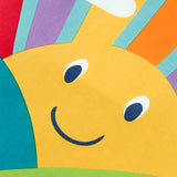 A close up of the yellow smiley sunshine graphic on the front of the Frugi organic cotton lichen green t-shirt.