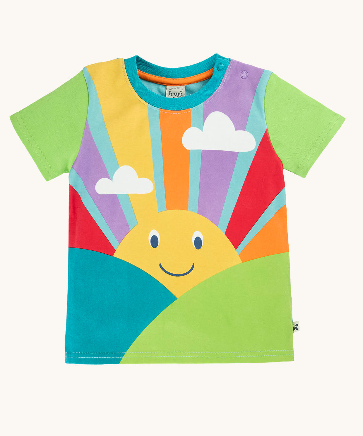 Frugi organic cotton lichen green t-shirt with a large sunshine graphic with rainbow coloured rays covering the front.