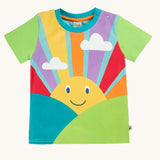 Frugi organic cotton lichen green t-shirt with a large sunshine graphic with rainbow coloured rays covering the front.