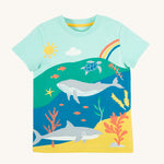 Frugi Iori Printed T-Shirt in Spring Mint laid flat, featuring a colourful Sea Life Scene which includes wales, sharks and other smaller fish, with the sun and a rainbow.