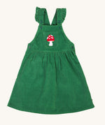 Frugi kids isla dugaree dress in holly green/mushroom available at Babipur. A 100% GOTS organic cotton dungaree dress in a green corduroy colour. Features a mushroom embroidery on a small front pocket, button fasteners and frilled shoulder straps.