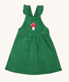 Frugi kids isla dugaree dress in holly green/mushroom available at Babipur. A 100% GOTS organic cotton dungaree dress in a green corduroy colour. Features a mushroom embroidery on a small front pocket, button fasteners and frilled shoulder straps.