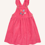 Frugi Isla pink rose dungaree dress with flowers embroidery on the front.