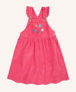 Frugi Isla pink rose dungaree dress with flowers embroidery on the front.