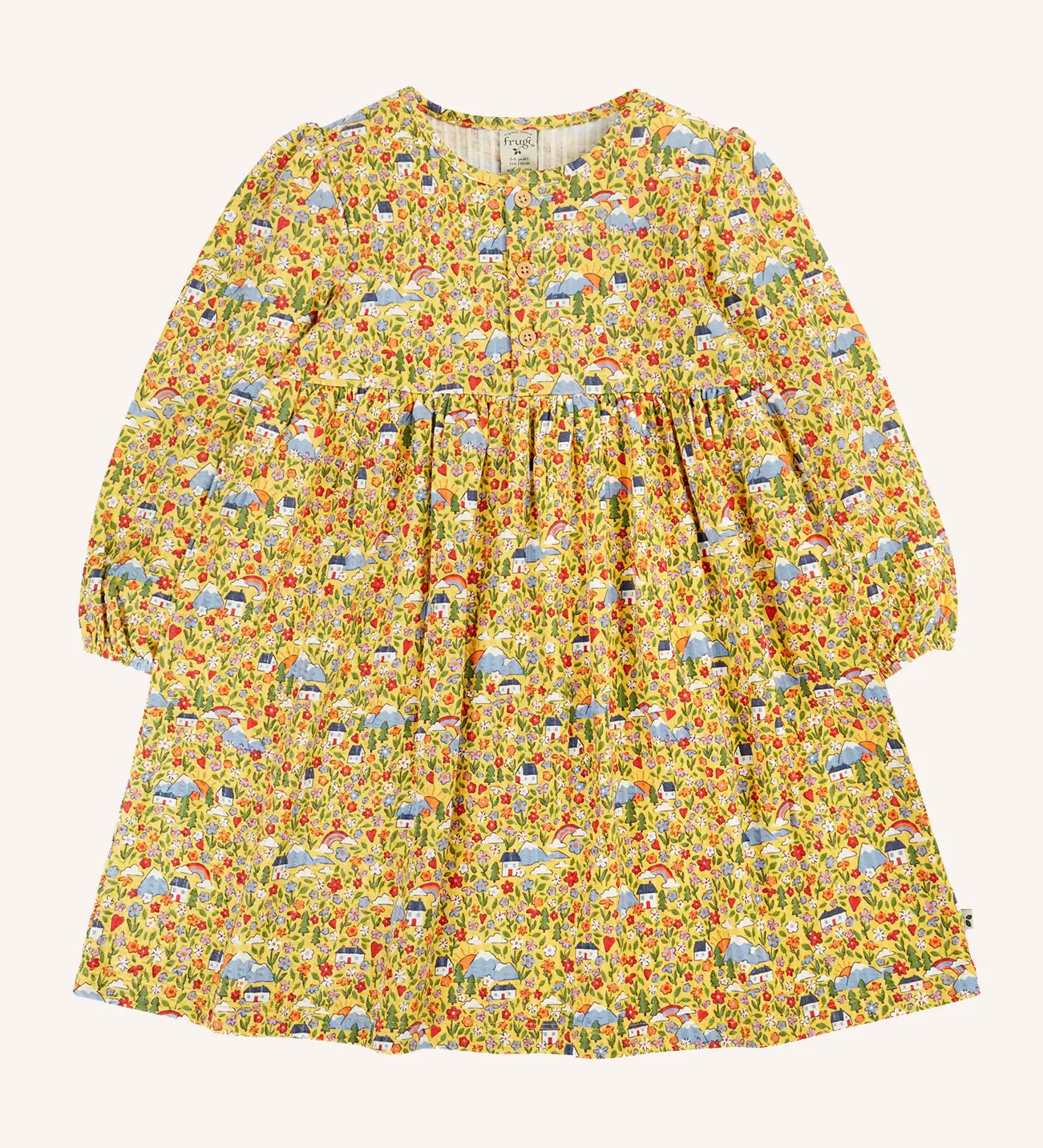 Frugi Izzie organic cotton jersey dress with highland houses print on a yellow background. Elasticated arm cuffs and button up front closure.