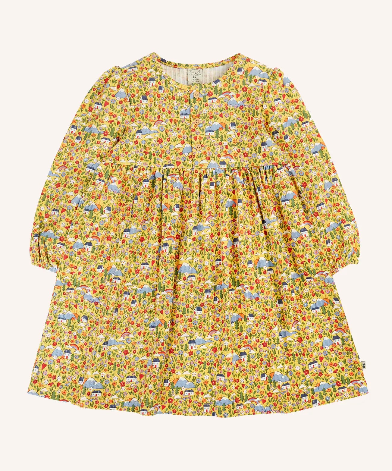 Frugi Izzie organic cotton jersey dress with highland houses print on a yellow background. Elasticated arm cuffs and button up front closure.