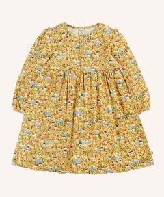 Frugi Izzie organic cotton jersey dress with highland houses print on a yellow background. Elasticated arm cuffs and button up front closure.