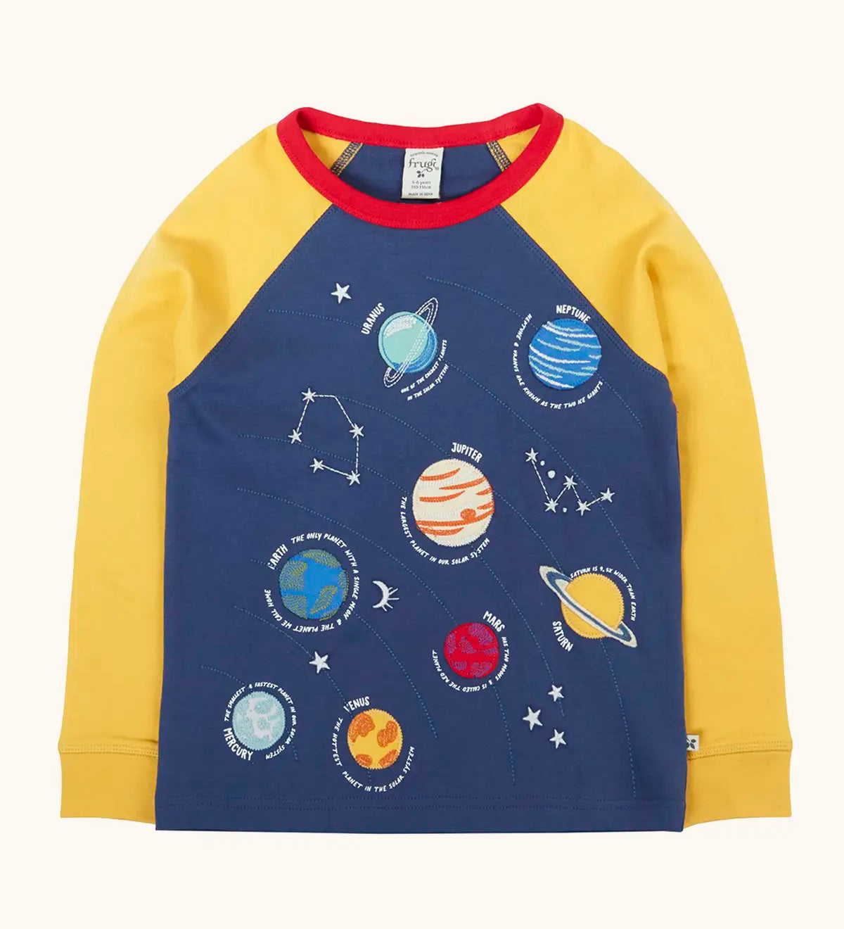 Frugi Jake long sleeved applique top in navy blue with yellow sleeves with solar system appliques on the front.