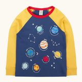 Frugi Jake long sleeved applique top in navy blue with yellow sleeves with solar system appliques on the front.