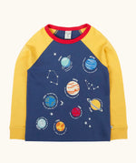 Frugi Jake long sleeved applique top in navy blue with yellow sleeves with solar system appliques on the front.