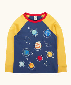 Frugi Jake long sleeved applique top in navy blue with yellow sleeves with solar system appliques on the front.