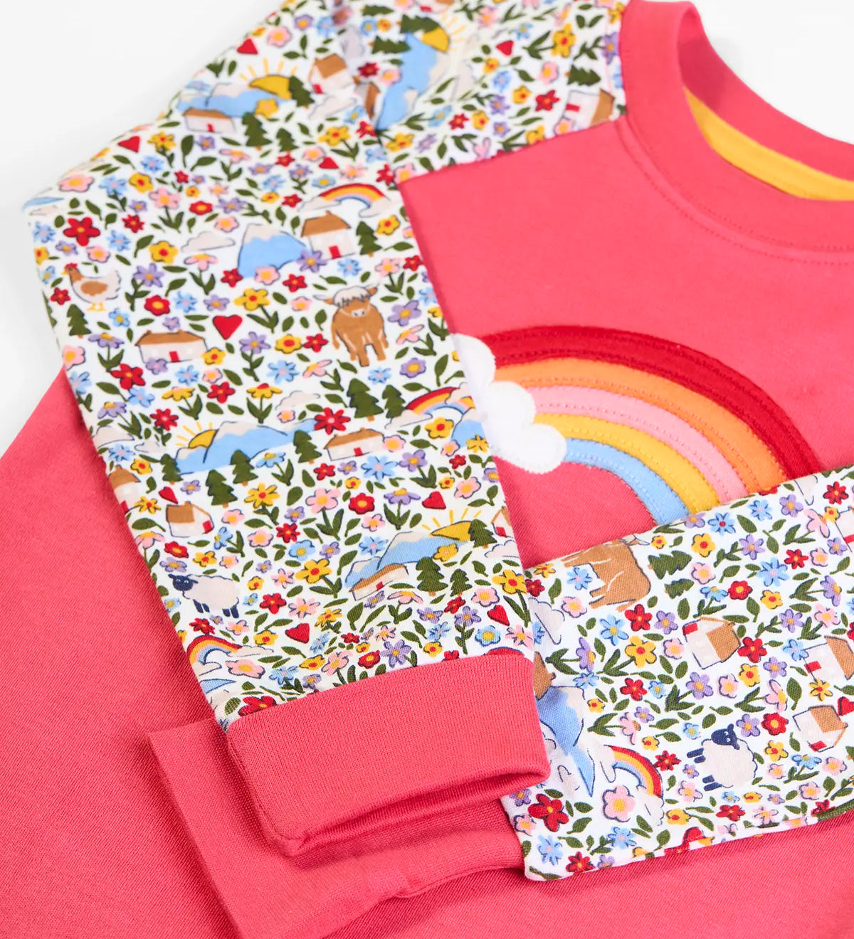 Frugi GOTS 100% organic cotton kids pyjama in pink and white with floral sleeves and fold down cuffs for extender wear