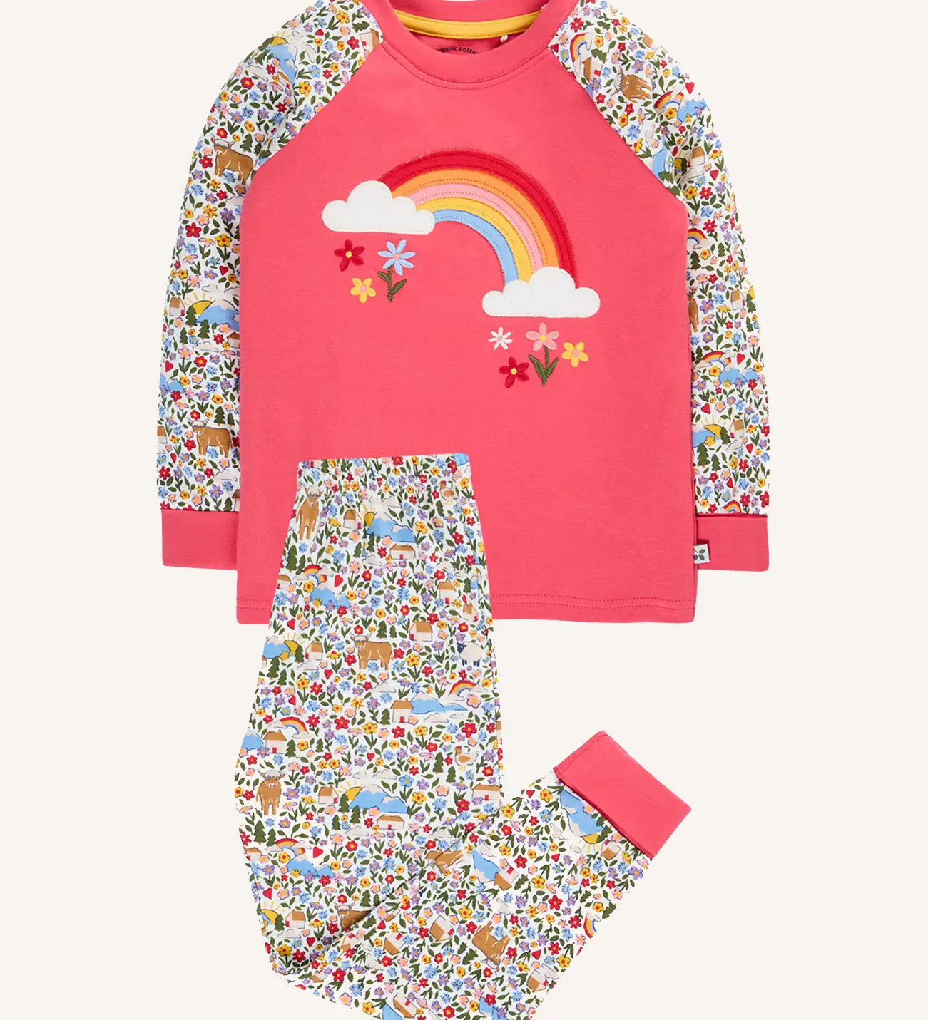 Frugi jamie jim jams highland fields print rainbow applique organic cotton pink pyjamas with fold down cuffs for extended wear.