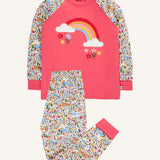 Frugi jamie jim jams highland fields print rainbow applique organic cotton pink pyjamas with fold down cuffs for extended wear.