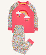 Frugi jamie jim jams highland fields print rainbow applique organic cotton pink pyjamas with fold down cuffs for extended wear.