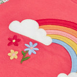 Frugi GOTS 100% organic cotton kids pyjama top in pink showing a close up of the rainbow and clour applique on the front