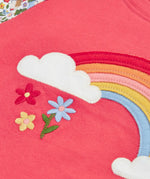 Frugi GOTS 100% organic cotton kids pyjama top in pink showing a close up of the rainbow and clour applique on the front