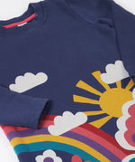 A close up of the Frugi kids kari dress in navy/rainbow showing the sleeve and woodland theme print detail on organic cotton fabric.
