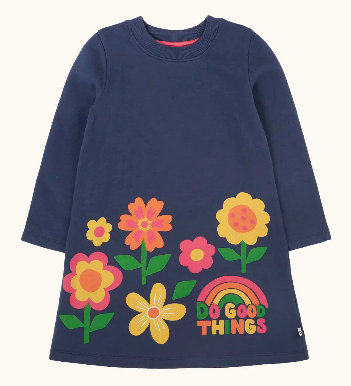 Frugi Kari long sleeved dress in navy with flowers and do good things rainbow slogans along the hemline.