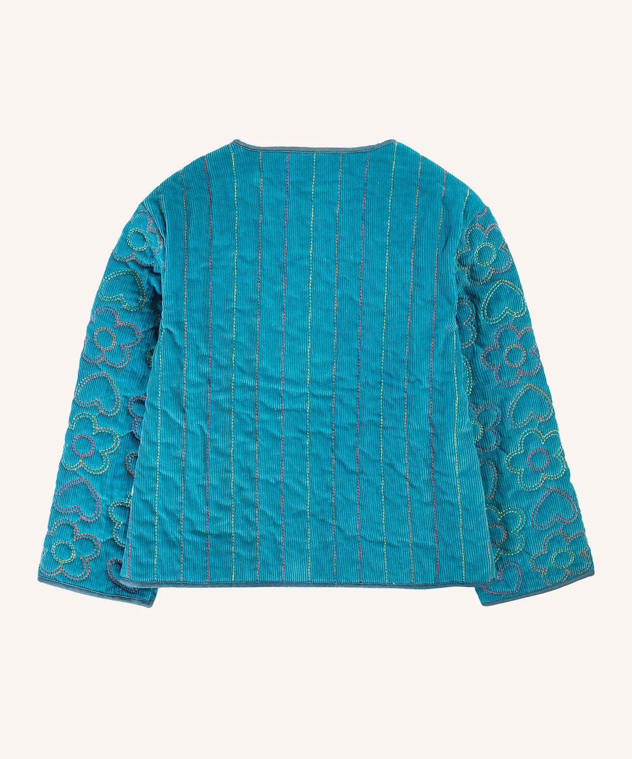 Back of the Frugi Katie quilted cord jacket in boat blue with floral pattern on arms and stripes on the back.