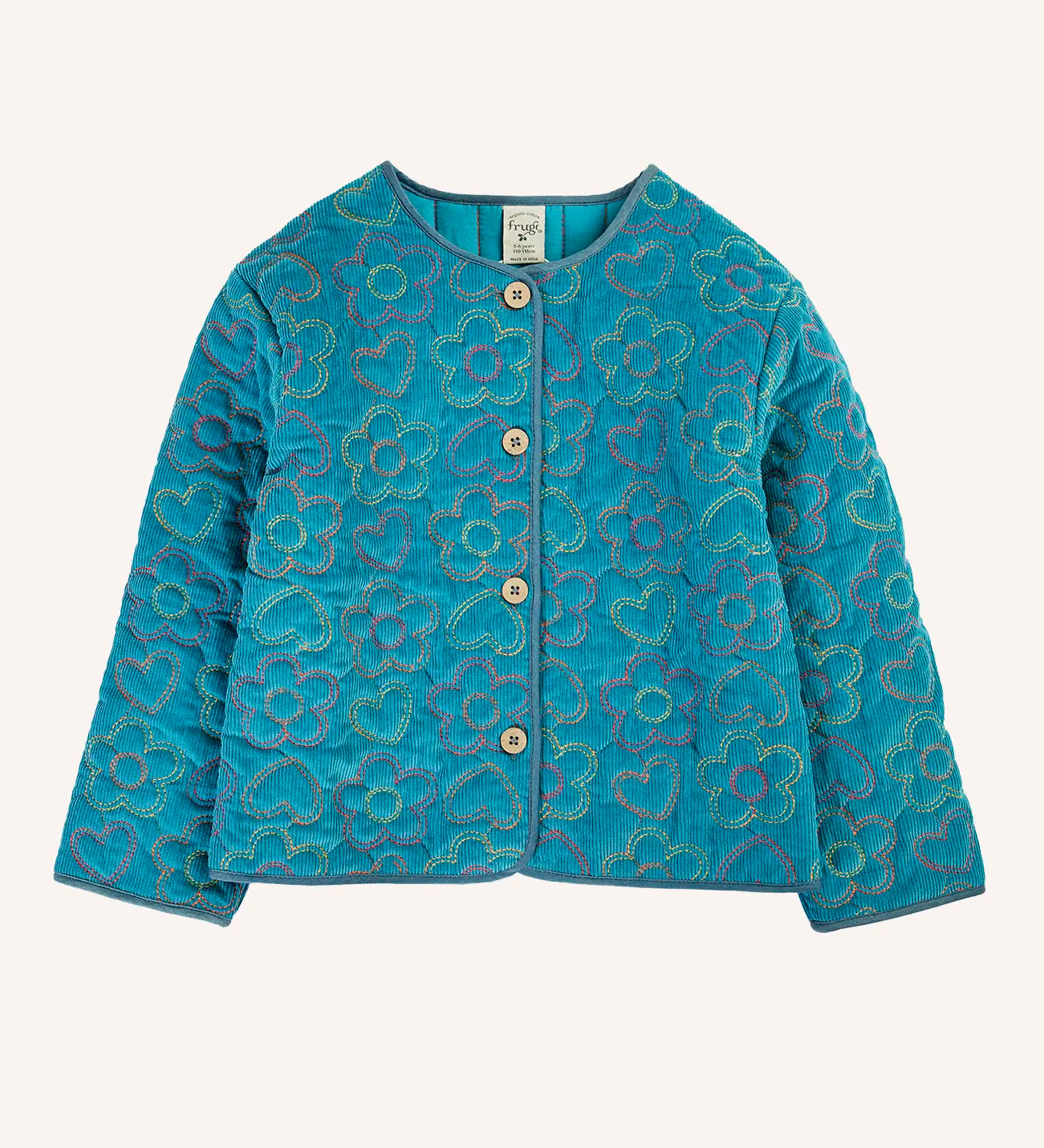 Frugi Katie quilted cord jacket in boat blue with floral pattern.