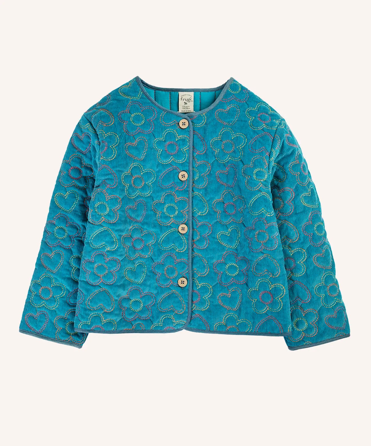 Frugi Katie quilted cord jacket in boat blue with floral pattern.