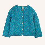 Frugi Katie quilted cord jacket in boat blue with floral pattern.
