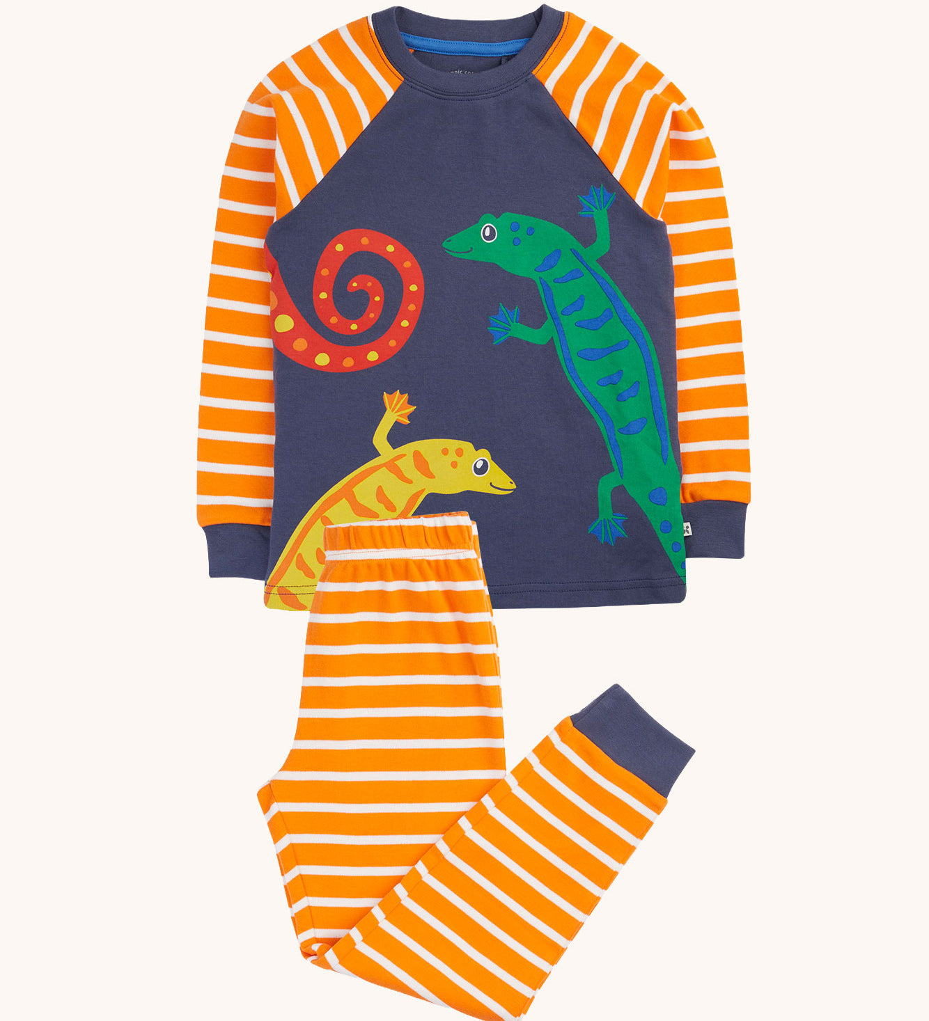 Frugi gecko orange breton stripe organic cotton kids pyjamas. A navy long sleeved top with orange breton striped sleeves with geckos on the front and matching breton striped trousers.  