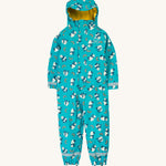 Frugi kids puddle buster panda play all in one. A light blue waterproof all in one hooded suit with a rainbow and panda print. Features reflective straps on the wrist and leg cuffs, yellow fleece inside liner for warmth and an elastic band on the leg to hook under feet. 