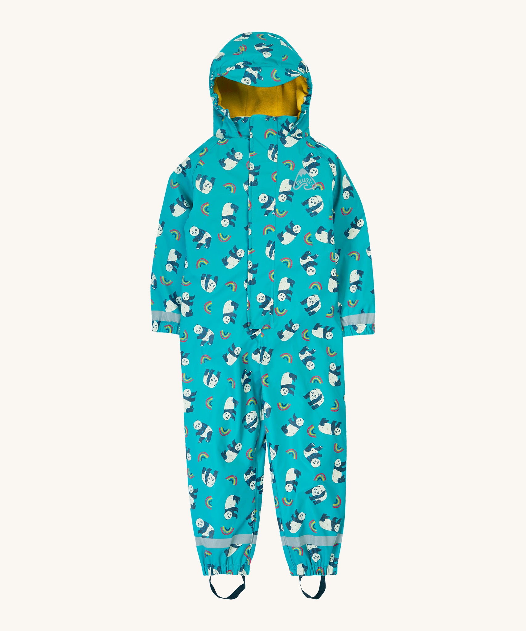 Frugi kids puddle buster panda play all in one. A light blue waterproof all in one hooded suit with a rainbow and panda print. Features reflective straps on the wrist and leg cuffs, yellow fleece inside liner for warmth and an elastic band on the leg to hook under feet. 
