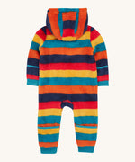 The back of the Frugi kids recycled cosy snuggle suit in autumn stripe. showing the hood and blue cuffs detail on recycled textile fabric