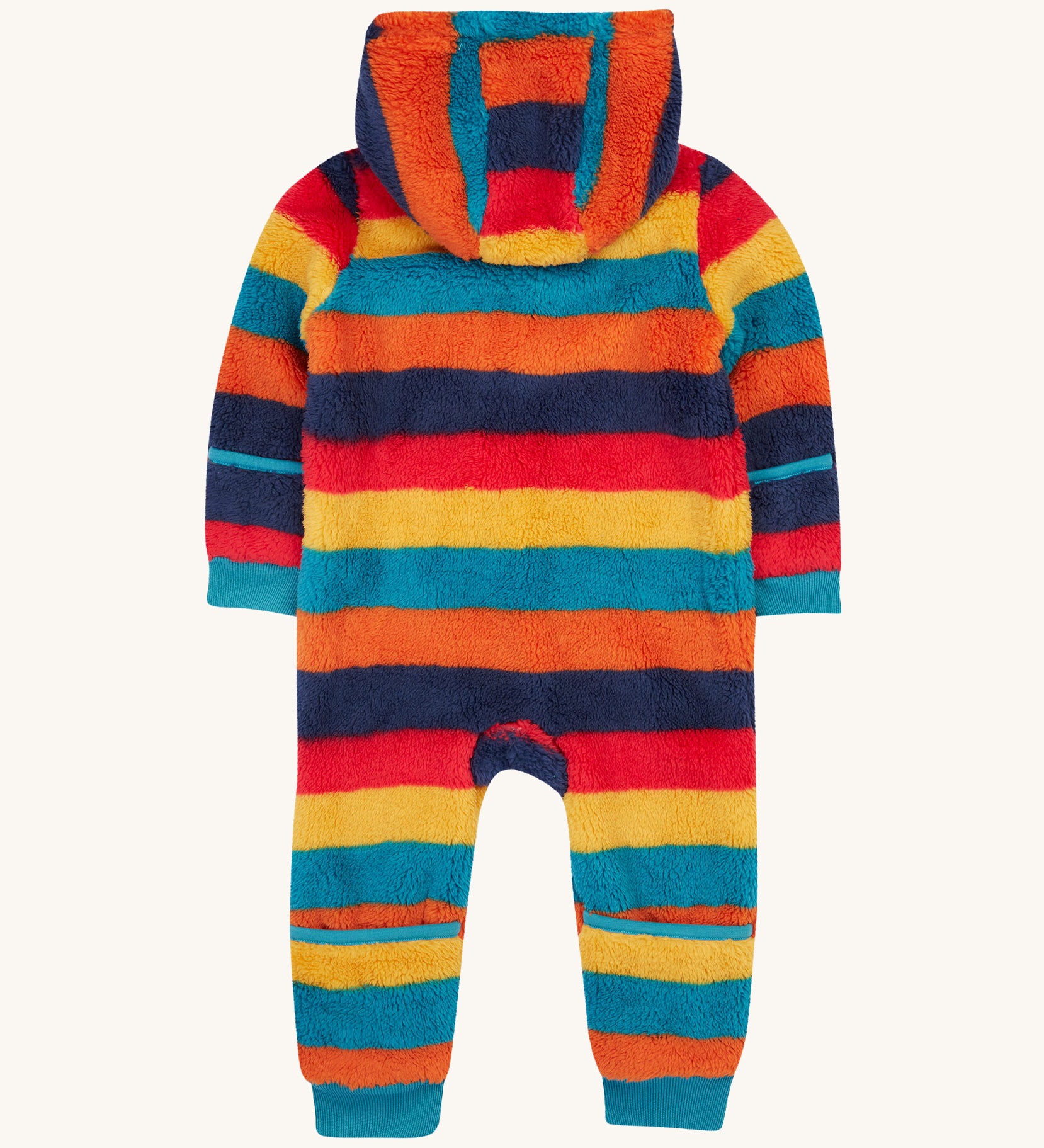 The back of the Frugi kids recycled cosy snuggle suit in autumn stripe. showing the hood and blue cuffs detail on recycled textile fabric