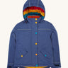 Frugi kids 3 in 1 rambler coat in autumn stripe /navy colourway. A navy waterproof coat from post consumer recycled polyester. Features a removable hood and 2 side pockets with different colour poppers