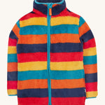 Frugi kids Autumn stripe ted fleece. A long sleeve thick fleece with Autumn inspired coloured stripes with a full length zip and turn up collar