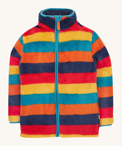 Frugi kids Autumn stripe ted fleece. A long sleeve thick fleece with Autumn inspired coloured stripes with a full length zip and turn up collar