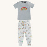 Frugi Children's GOTS Organic Cotton Frankie Summer Outfit - Sleepy Sloths. A beautiful 2 piece outfit including a grey short sleeved top with a sloth and rainbow character applique with comfy white cuffed sloth and rainbow pull ups with a folded waistban