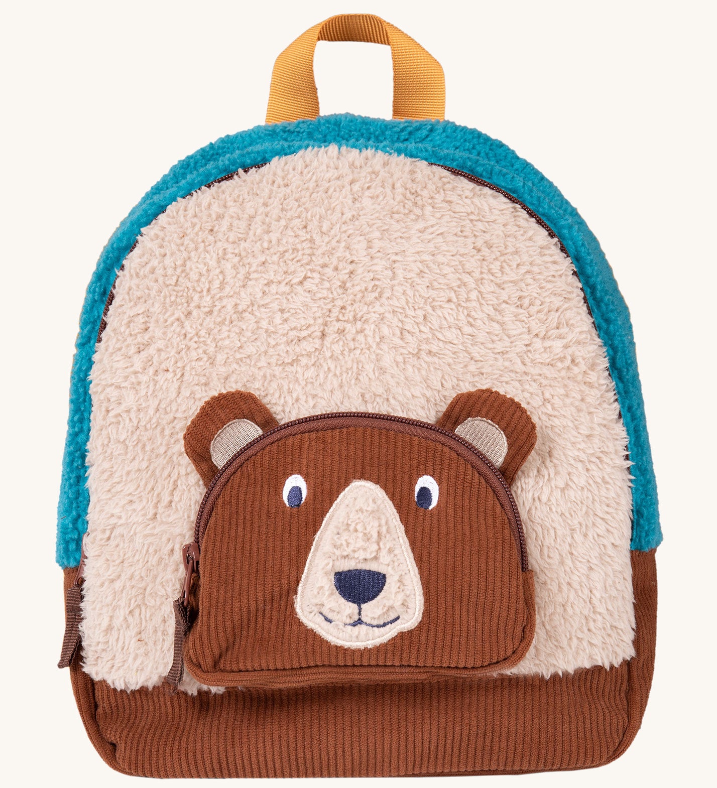 Frugi kids beary wild backpack. A blue and neutral colour fleece type with a corduroy character bear as a front pocket. Features a handy yellow carry handle on the top