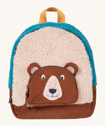 Frugi kids beary wild backpack. A blue and neutral colour fleece type with a corduroy character bear as a front pocket. Features a handy yellow carry handle on the top