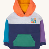Frugi kids ben colour block hopscotch/fun hoodie available at Babipur. A 100% GOTS organic cotton jersey style hoodie in orange, grey, navy, blue, purple and green block colours. Features a pouch pocket and a lets get wild slogan near shoulder.
