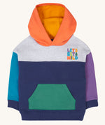 Frugi kids ben colour block hopscotch/fun hoodie available at Babipur. A 100% GOTS organic cotton jersey style hoodie in orange, grey, navy, blue, purple and green block colours. Features a pouch pocket and a lets get wild slogan near shoulder.