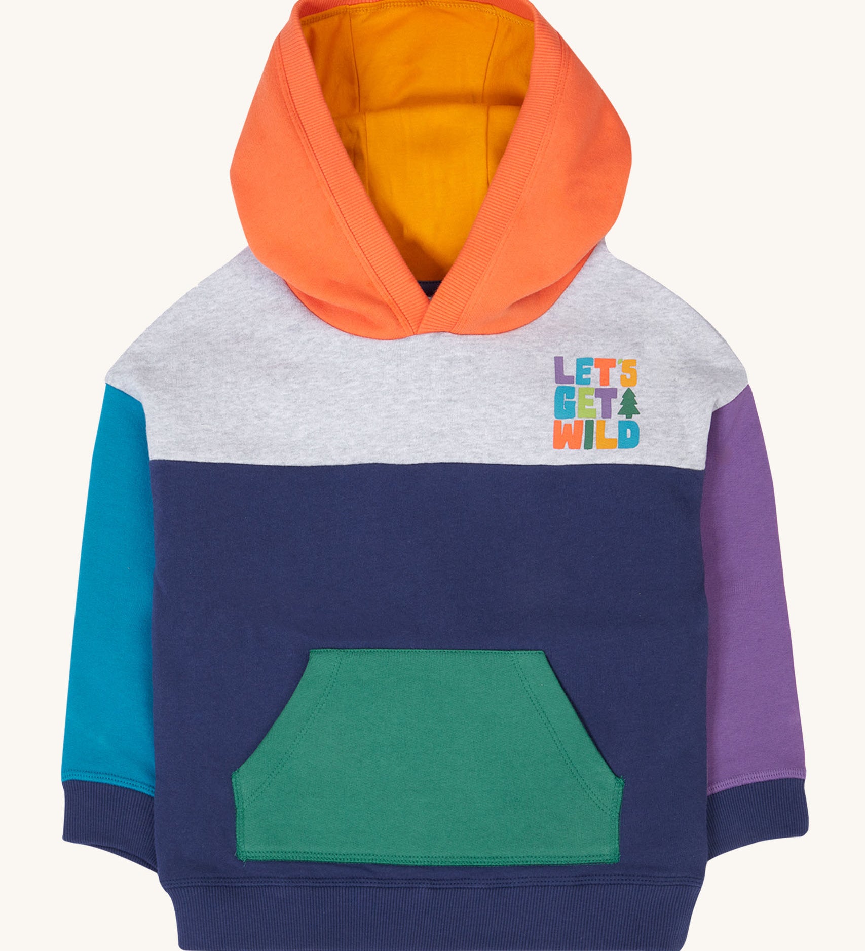 Frugi kids ben colour block hopscotch/fun hoodie available at Babipur. A 100% GOTS organic cotton jersey style hoodie in orange, grey, navy, blue, purple and green block colours. Features a pouch pocket and a lets get wild slogan near shoulder.