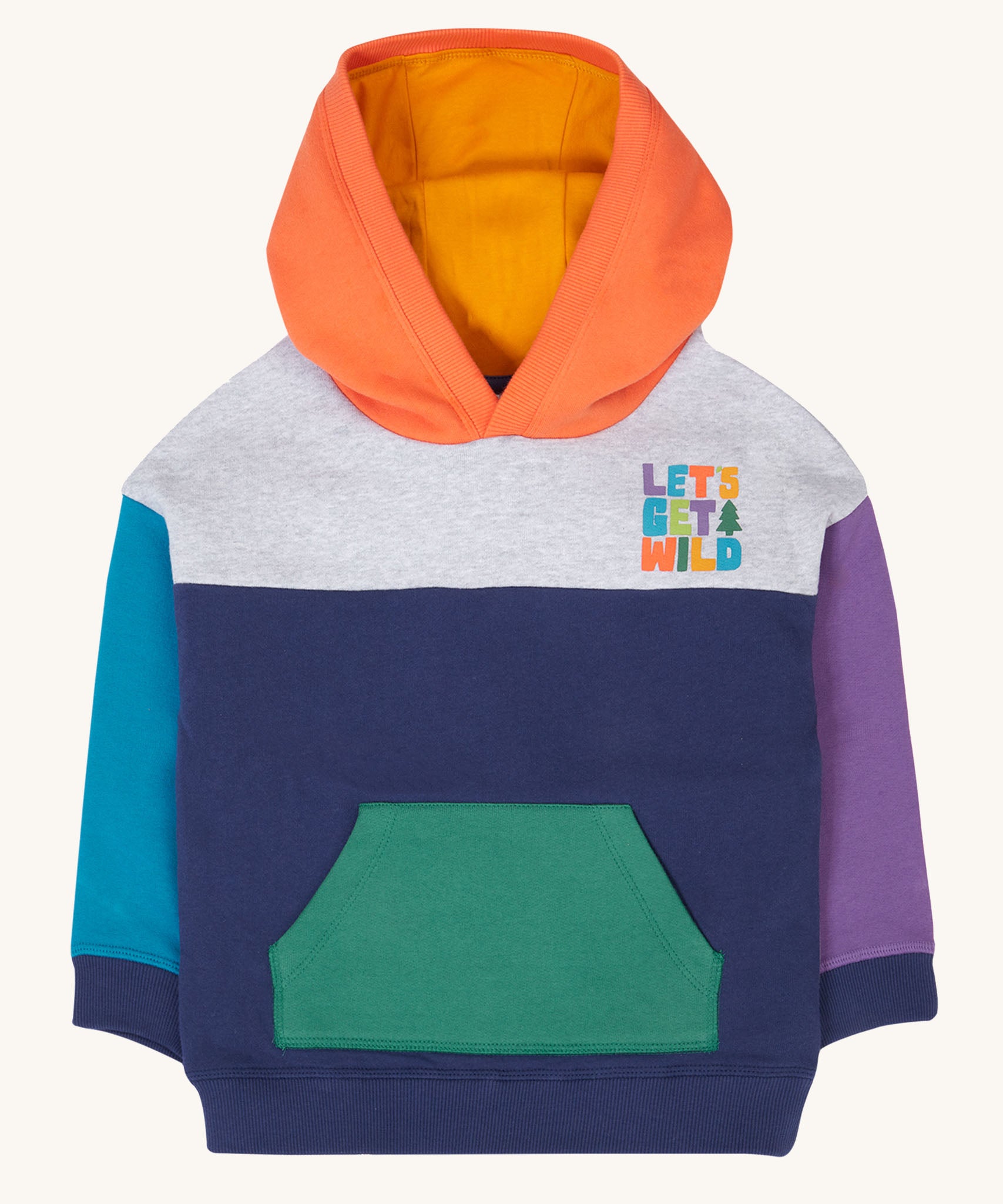 Frugi kids ben colour block hopscotch/fun hoodie available at Babipur. A 100% GOTS organic cotton jersey style hoodie in orange, grey, navy, blue, purple and green block colours. Features a pouch pocket and a lets get wild slogan near shoulder.