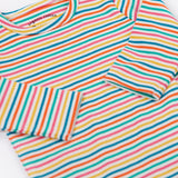 A close up of the Frugi kids multistripe rainbow betty body showing the collar trim and popper fastener detail on the shoulder on organic cotton fabric.