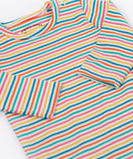 A close up of the Frugi kids multistripe rainbow betty body showing the collar trim and popper fastener detail on the shoulder on organic cotton fabric.