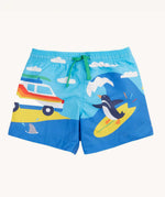 Frugi blue skies beach kids board shorts. A wrap around beach scene featuring a camper van and surfing penguin. 