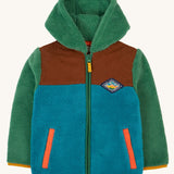 Frugi kids braken fleece cord jacket in holly green/hotchpotch available at Babipur. A ted fleece style hooded jacket with green sleeves and blue bottom panetl. Features a full length zip, 2 side pockets and a brown cord top panel.