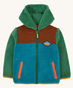 Frugi kids braken fleece cord jacket in holly green/hotchpotch available at Babipur. A ted fleece style hooded jacket with green sleeves and blue bottom panetl. Features a full length zip, 2 side pockets and a brown cord top panel.