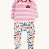 frugi kids brooke easy dressing baby grow in fun-guys/pink stripe available at Babiour. A 100% GOTS organic cotton baby grow in pink with woodland inspired prints 