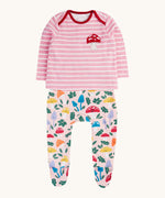 frugi kids brooke easy dressing baby grow in fun-guys/pink stripe available at Babiour. A 100% GOTS organic cotton baby grow in pink with woodland inspired prints 